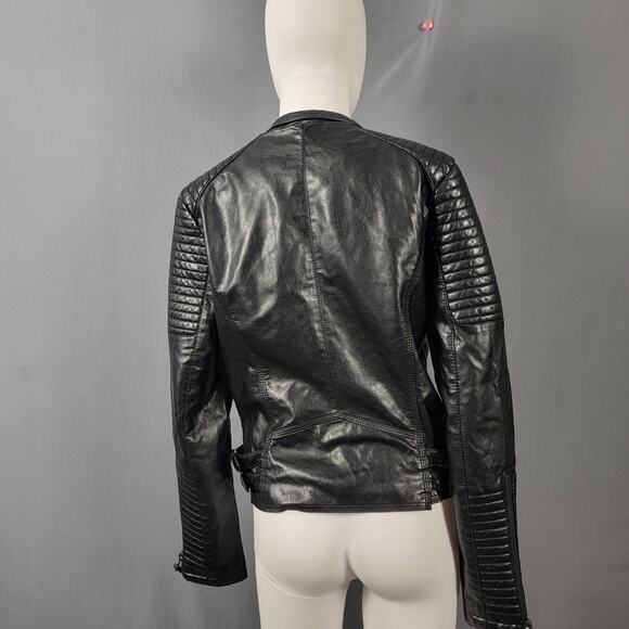 AFTF Basic Black Faux Leather Moto Jacket Quilted Biker Style - Picture 5 of 15
